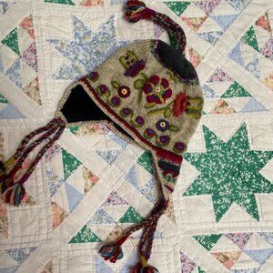 Vintage Cottagecore Newari Colorful Knit Earflap Hat with Floral Design